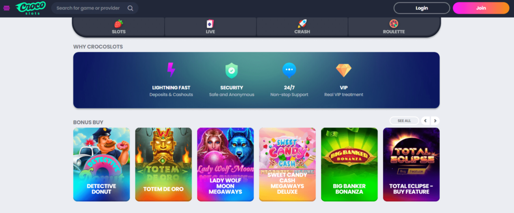 Crocoslots Casino Dashboard Games