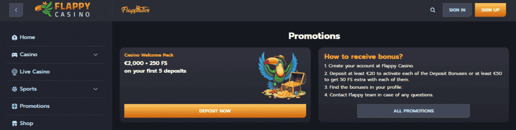 Flappy Casino Dashboard Welcome Offer 1