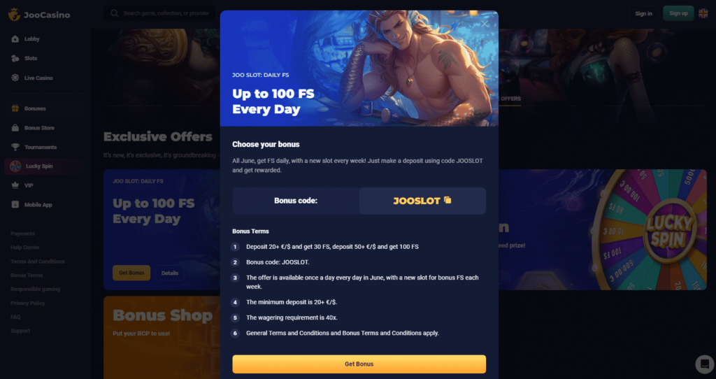 Joo Casino Dashboard Daily Free Spins