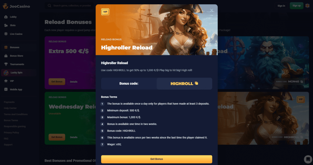 Joo Casino Dashboard Highroller Reload