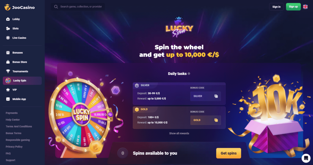 Joo Casino Dashboard Lucky Spin