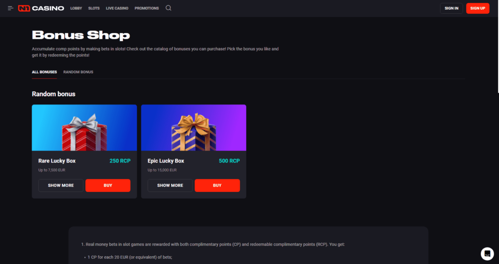 N1 Casino Dashboard Bonus Shop
