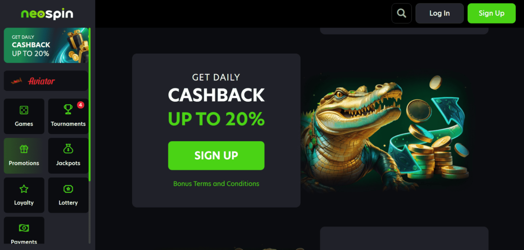 Neospin Casino Dashboard Daily Cashback