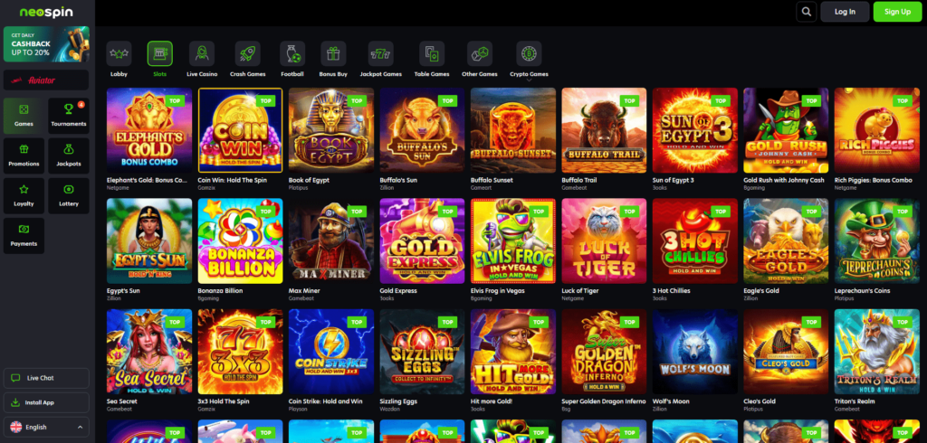 Neospin Casino Dashboard Games
