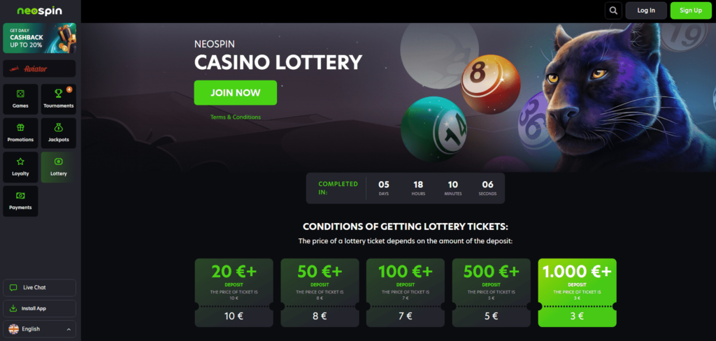 Neospin Casino Dashboard Lottery