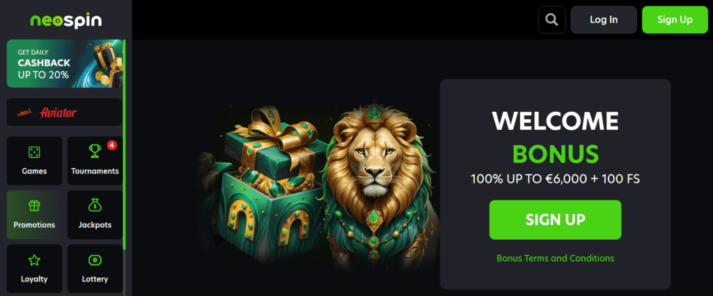 Neospin Casino Dashboard Welcome Offer