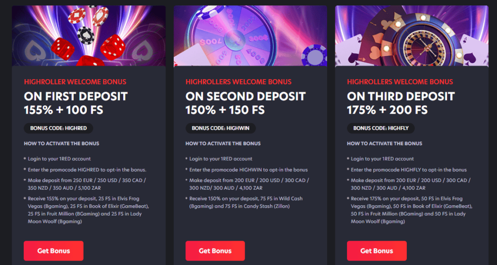 1Red Casino Highroller Welcome Bonus